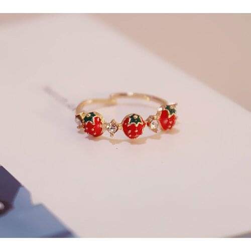 Rhinestones Sweet Fruit Red Strawberry Cherry Open Adjustable Finger Rings For Women Girls Party Gifts
