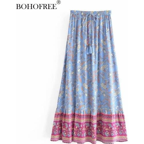 Bohofree Summer Womens New Style Rayon Cotton Printed Fringed Elastic Skirt Woman Beach Vacation Lace Up Casual Skirt Mujer