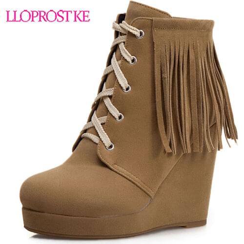 Lloprost ke Womens Winter Boots Ladys Western Cowboy Boots Wedge Heel Lace Up Short Boots Shoes Women Botas Mujer Casual Boots