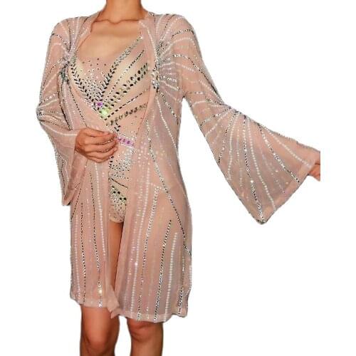 Fashion Women Shining Diamond Bodysuit Voile Long Sleeve Coat Nightclub DS Show Stage Wear Singer Jazz Dance Costume