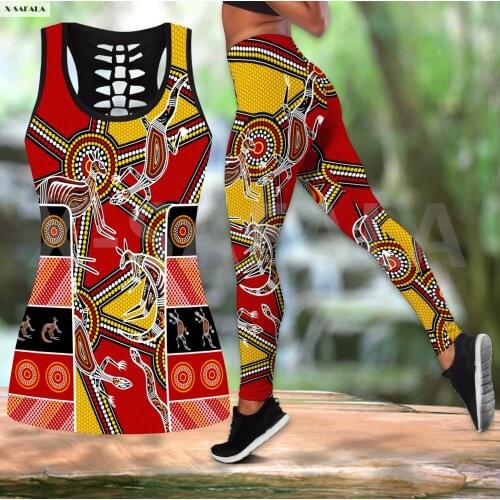 Kangaroo Lizard Abstract Paint Two Piece Yoga Set Women 3D Print Vest Hollow Out Tank Top High Waist Legging Summer Casual Sport