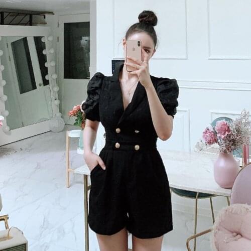 New arrival fashion summer korean style short jumpsuits women elegant lace vintage puff sleeve OL temperament black jumpsuit