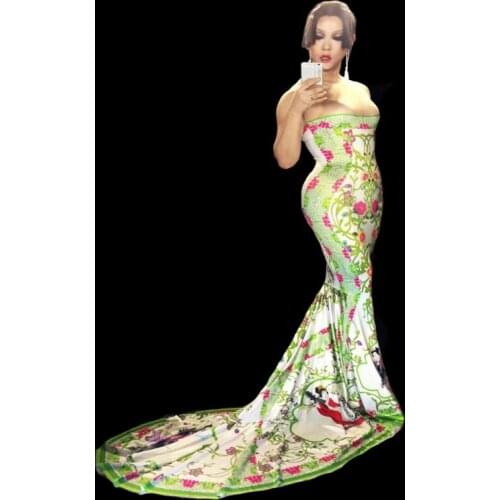 Women New Sexy Flower Pattern Printed Dress Nightclub Show Bar Stage Catwalk Costume Birthday Celebrate Performance Clothing