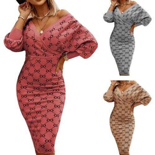 Zoulv 2021 New Winter Ladies Elegant Womens Dress V-Neck Printed Knitted Female Dresses High Waist Long Sleeve Sexy Dress