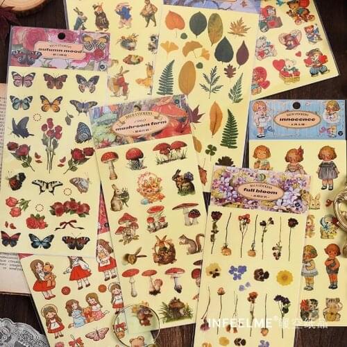 1 Sheet Waterproof PET Retro Vintage Flower Animal Scrapbook Decorative Stickers for Gifts DIY Arts Crafts Journal Planners