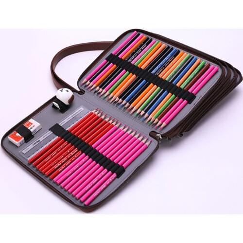 136 Holes Colored PU Leather Pencil Case Handbag Shoulder Pencil Box Pouch Painting Art Pen Cosmetic Brush Bag School Supplies