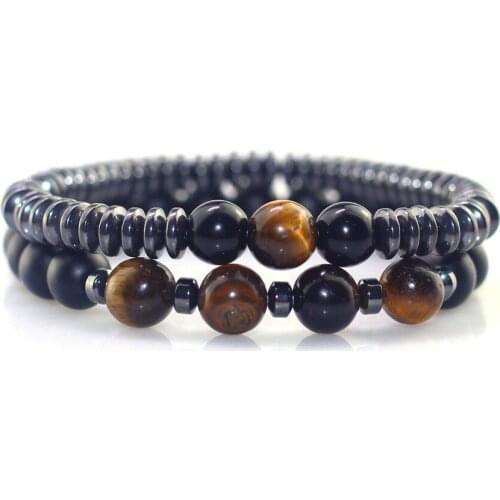 2021 2PCS/Set Fashion Natural Stone 8mm Beads Bracelet Men 6mm Hematite Round Tablets Chain Bracelets for Women Pulseras