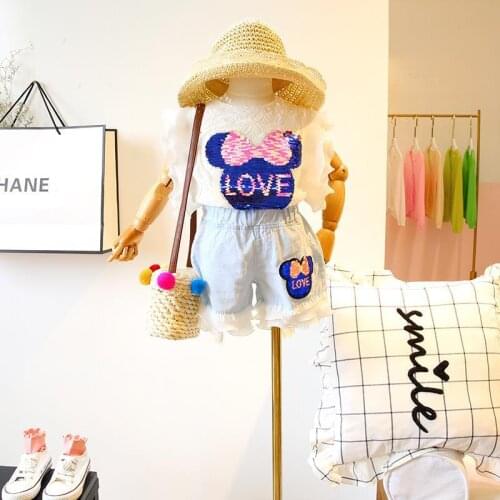 2021 Fashion Children Girl Summer Clothes Ruffles Sleeve Sequins T-shirt Tops Denim Short Bottom 2PCS Kids Clothing Set 2-7Years