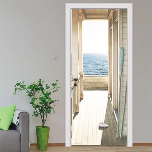 3D Villa Sea View Door Sticker Self Adhesive Wall Sticker DIY Renovation Waterproof Poster for Home Bedroom Door Decor-ABUX