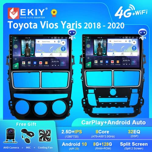 EKIY Android 9.0 For Toyota Vios Yaris 2018 2019 2020 Car Radio Navigation GPS Multimedia Video Player FM Stereo BT Headunit DVD