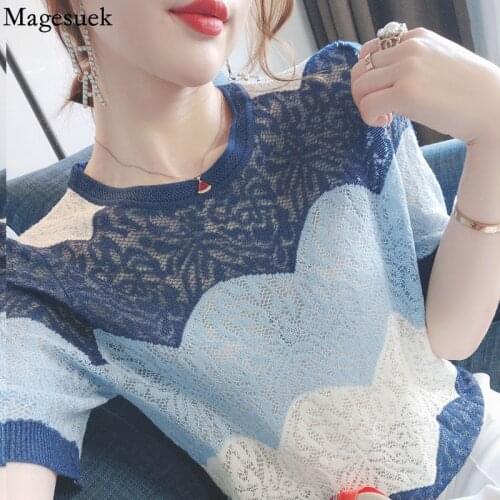 Hollow Out Knitted Summer Blouse New Elegant Patchwork Blue Fashion Tops Ice Silk Short Sleeve O Neck Shirt Casual Blusas 14657
