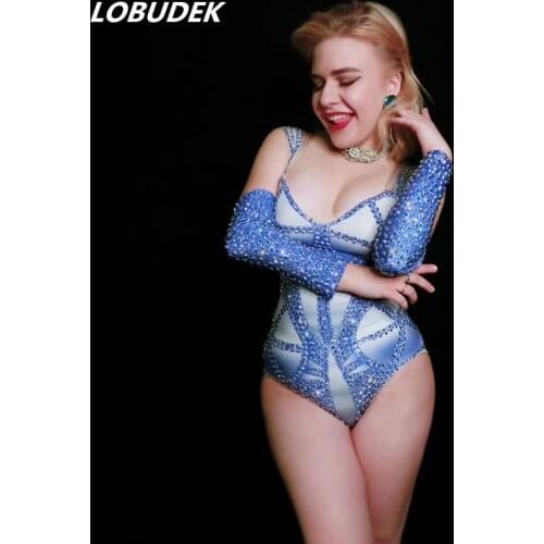 Bodysuit+Cuff) Blue Rhinestones Tights Sexy Nightclub DJ Women Singer Pole Dance Costume Crystals Elastic Leotard Stage Wear