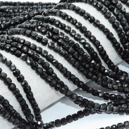 Natural Black Tourmaline Irregular Faceted Cube Beads 4mm-4.2mm
