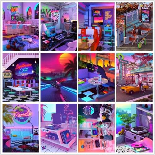 DIY Diamond Painting 80s Synthwave Poster Cross Stitch 5D Full Diamond Embroidery Mosaic Mosaic Home Decoration