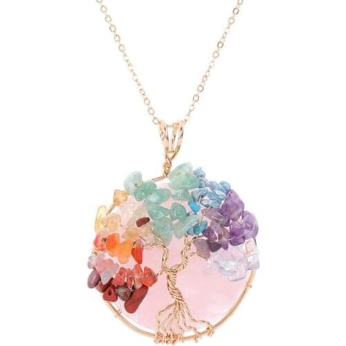 FYJS Unique Light Yellow Gold Color Wire Wrap Rose Pink Quartz Pendant Healing Chakra Necklace Amethysts Stone Jewelry