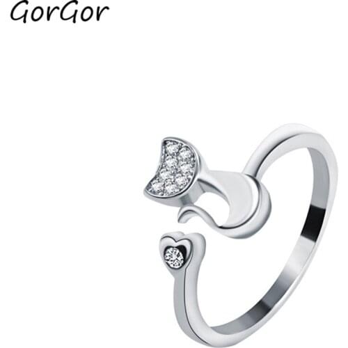 GorGor Rings Women 925 Sterling Pattern Cat Mosaic Zirconia Rose-golden Creative Smart Wedding Bands Romantic Jewelry K074