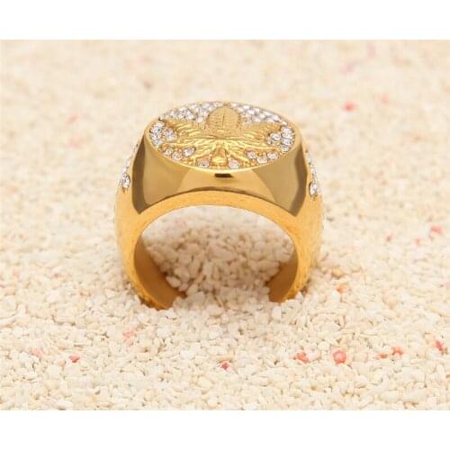 Iced Out Bling Gold Color Stainless Steel HIP Hop Ring Micro Paved Rhinestone Weed Maple leaf Rings for Men Jewelry