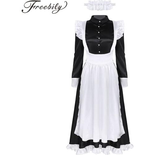 Sexy Adult Woman French Maid Servant Cosplay Costume Black&White Maid Costume Halloween Party Long Dress + Apron + Headpiece