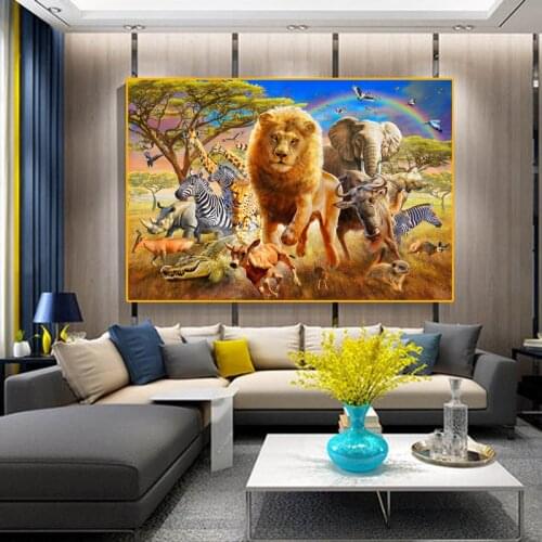 Lion Zebra Animal Canvas Painting African Grassland Landscape Posters and Prints Wall Picture Modern Living Room Home Decoration