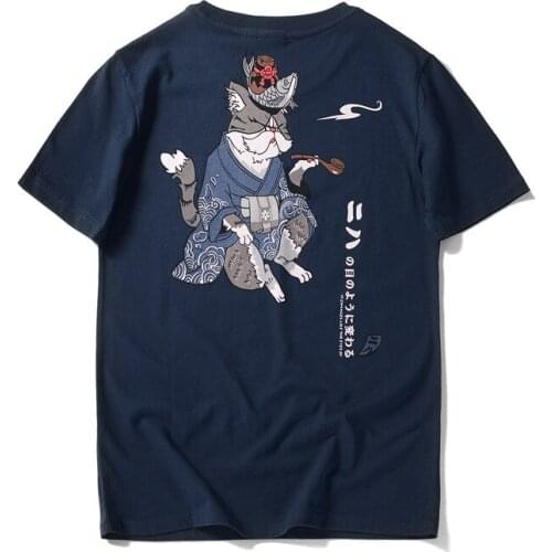 Japanese Tide Mens T Shirt Short Sleeve Harajuku Streetwear Cotton O Neck High Grade Loose Tops Kimono Pipe Cat Print Plus Size