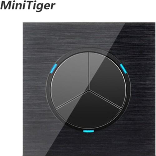 Minitiger Luxury 3 Gang 1 Way Random Click On / Off Wall Light Switch With LED Indicator Black Aluminum Metal Panel