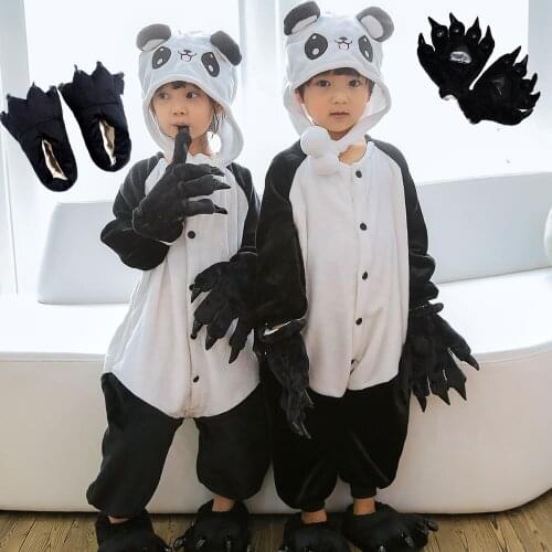 SHOES + GLOVES Removable hat Onesies Panda Pajamas For Kids Girls Boys Winter Sleepwear Cosplay Pajamas Sets Costume Party