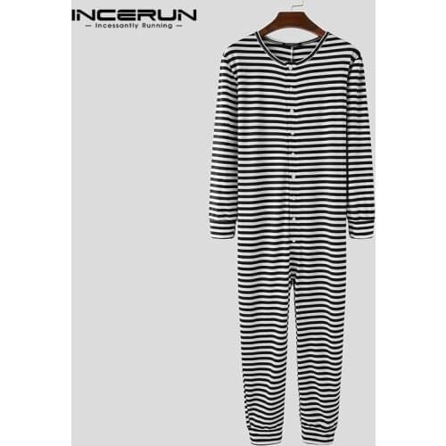 Long Sleeve Round Neck Jumpsuit Sleepwear Men Striped Bodysuit Onesies Fitness Sexy Homewear Buttons Pajamas Rompers INCERUN 5XL