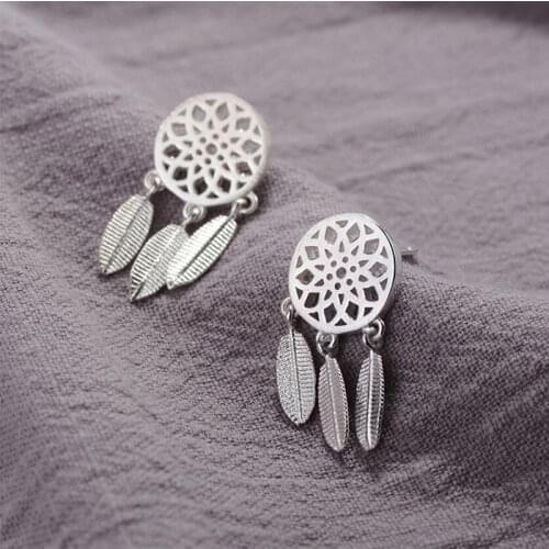 925 Sterling Silver Fantastic Hollow Dream Catcher Feather Tassel Drop Earring Jewelry For Girl Gifts Wholesale S-E387