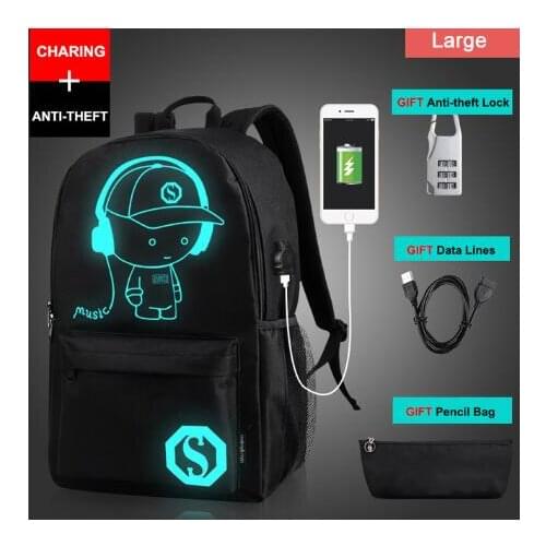 Anime Luminous Student School Bag School Backpack For Boy girl Daypack Multifunction USB Charging Port and Lock School Bag Black