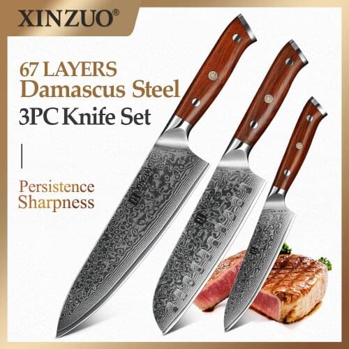 XINZUO 3PCS Kitchen Knife Set Damascus Stainless Steel Kitchen Knives Gyuto Chef Utility Knife Kitchen Tool with Rosewood Handle
