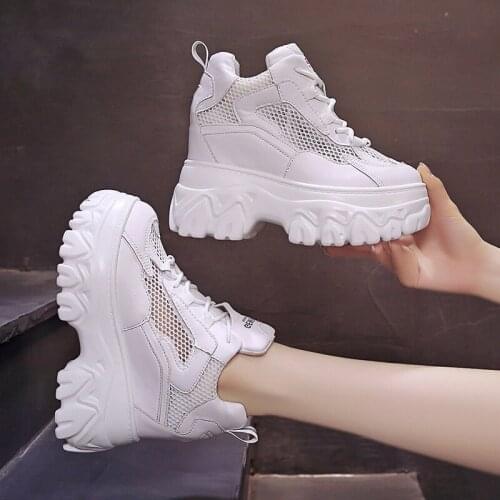 Mesh Breathable Laces Increase Womens Casual Sports Shoes Spring And Autumn Fashion Thick-Soled Non-Slip Wear-Resistant