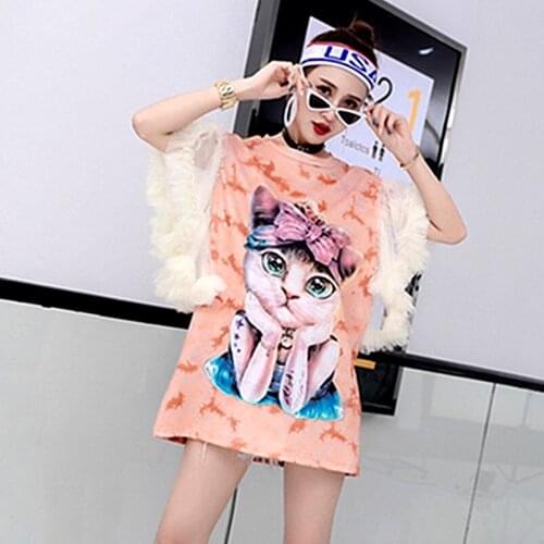 Europe Style Women Long Tops Short Mesh Ruffles Sleeve Blousa Cool Cat Print Casual Blusas Top Femme Street Rock Tees NS549