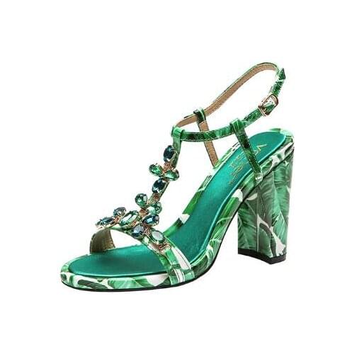 Moraima Snc Hot Selling T-strap Thick Heels Sandal for Woman Open Toe Crytal Embellished Party Dress Heels Printed Leather Shoe
