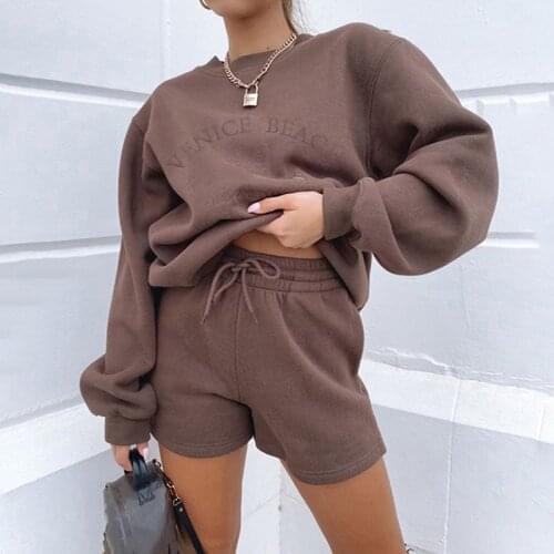 2021 Fashion 2 Pcs Set Sport Casual Suit Women Long Sleeve Letter Print Pullover Sweatshirt Top+Shorts Streetwear Autumn Outfit