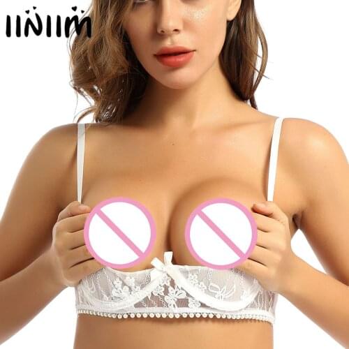 Womens Femme Lingerie Erotic Tanks Crop Tops Sheer Lace Spaghetti Straps 1/4 Cups Pearl Trimmed Apparel Sissy Underwired Bra Top