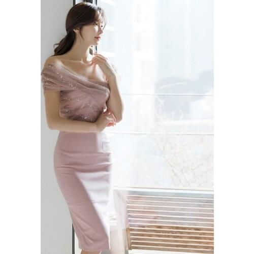 Fashion women new arrival off shoulder shining sexy formal dress vintage party elegant pink wild backless club pencil dress