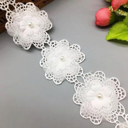 1Yard Vintage Organza Flower Pearl Lace Trim Applique Trimmings Ribbon Fabric Embroidered Wedding Dress Sewing Craft Decorationt