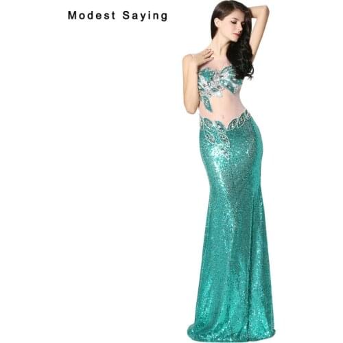2018 New Collection Turquoise Mermaid Evening Dresses with Rhinestone Sexy See Through Party Prom Gowns Long vestido de festa