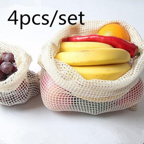 4pcs Reusable Cotton Mesh Produce Bag for Vegetable Fruit kitchen Washable Storage Bag Net bag drawstring bundle Can be reused