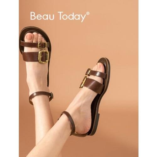 BeauToday Gladiator Sandals Women Cow Leather Open Toe Metal Buckles Ankle Strap Cover Heel Female Summer Flats Handmade 33048