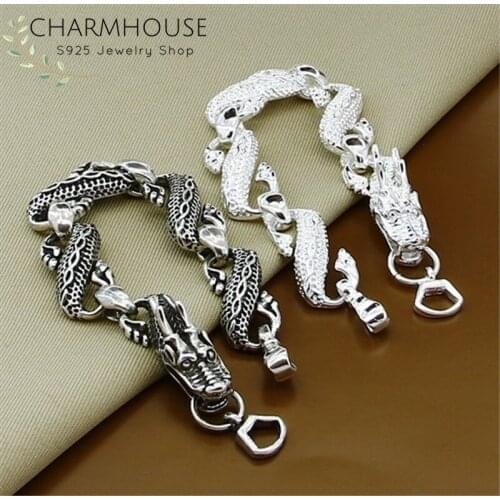 Charmhouse Pure Silver Jewellery Sets For Man Black/Silver Dragon Chain Bracelet & Bangles 2pcs Couples Jewelry Set Pulseira