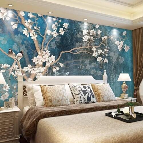 Diantu Custom 3D Wall Murals Wallpaper Nordic Blue Vintage Hand Painted Flowers Birds Oil Painting Bedroom Mural Self Adhesive