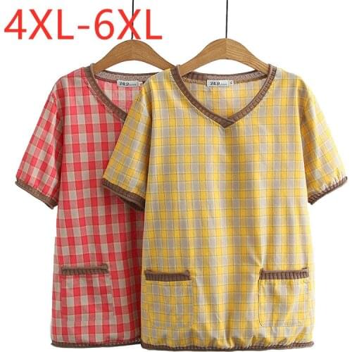 New 2021 Ladies Summer Plus Size Tops For Women Large Short Sleeve Loose Cotton Linen Yellow Plaid V-neck T-Shirt 4XL 5XL 6XL