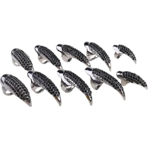 10 PCS Halloween Costume Claws Fake Nails Ring Set, Gothic Punk 3 Sizes Crystal Full Finger Rings Paved Paw Bend