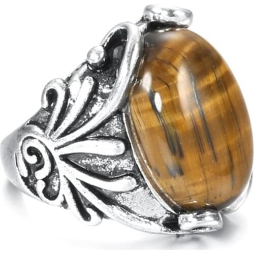 Vintage Style Silver Plated Oval Shape Tiger Eye Stone Finger Ring for Party Gift Jewelry