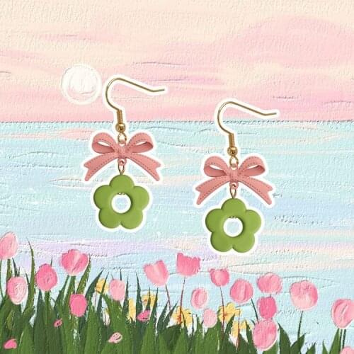 Korean fashion Spring new cute girl pink bow flower earrings temperament small fresh secret flower language earrings jewelry