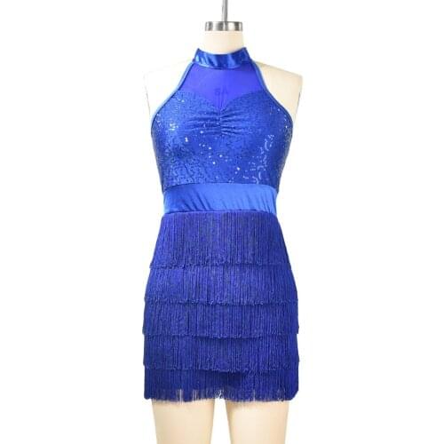 MiDee Sleeveless Mock Neck Sequins Top 5 Tires Fringes Dance Dress Latin Costume