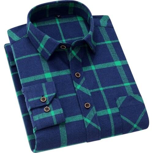Aoliwen Brand men 45% casual navy green plaid long sleeve shirt spring autumn trend antibacterial skin friendly slim fit shirts