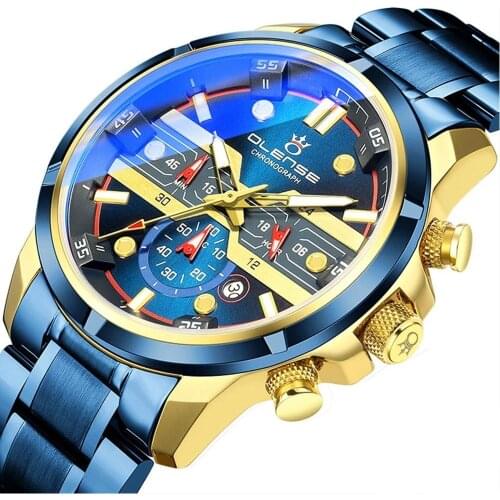 OLENSE 9001 Luxury Blue Mens Business Quartz Steel Band Chronograph Fashion Casual Waterproof Sports Wristwatches Clock Male