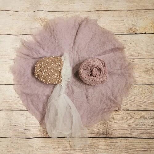 A Set 100% Wool Felt Fleece Blanket,Stretch Knit Wrap,Girl Hats with Lace Headband for Newborn Baby Photography Accessories
